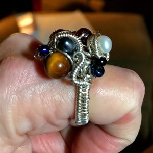 Fabulous Cocktail Ring Sterling Silver with pearls, tiger eye, and glass beads